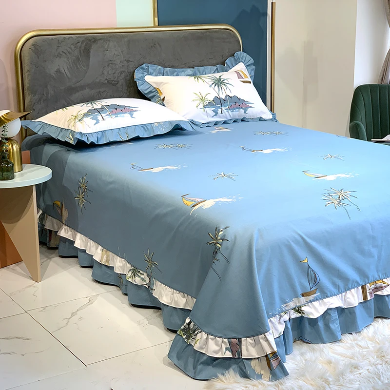 

Ruffles flat sheet 100% cotton sheet set 3pcs/set 60s flat sheet +pillowcase flower bed linens set pastoral bedclothes new