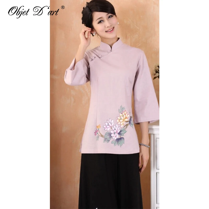 Новинка модные женские топы Ципао с цветочным принтом рукав три четверти рубашка