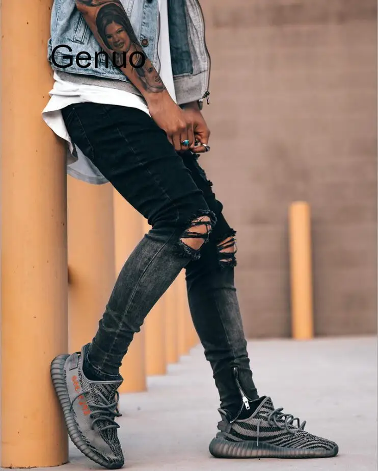 Брюки мужские джинсовые маленькие штаны молния дырки рваные черные весна