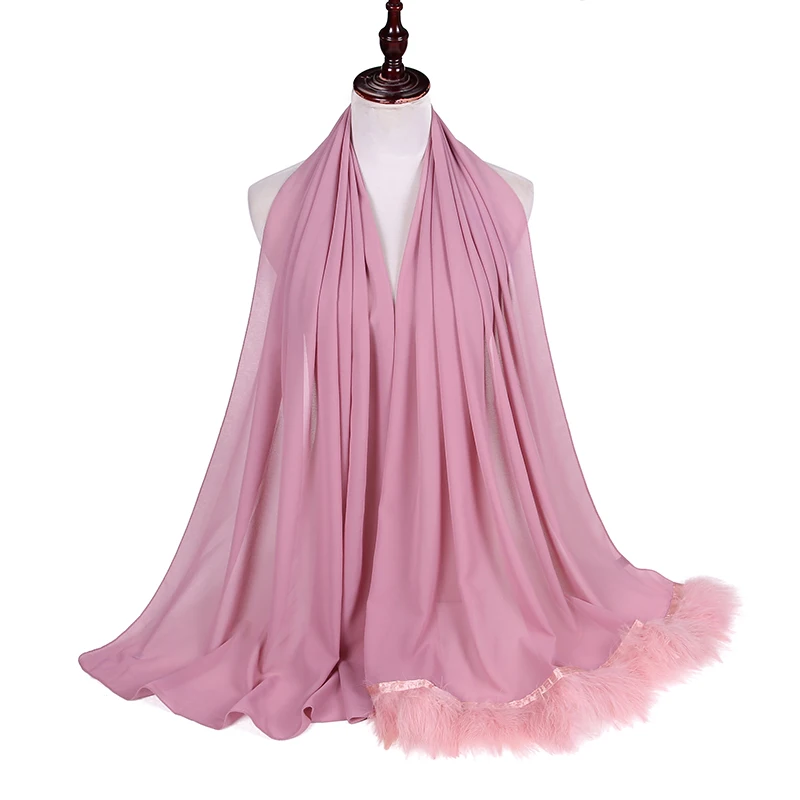 Новый шифоновый шарф с перьями хиджаб, роскошный популярный шарф с кисточками, мусульманский шарф 170х75см