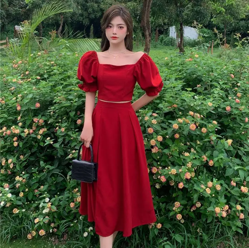 

Женский комплект из двух предметов, элегантный однотонный кардиган с квадратным вырезом, пышными рукавами и длинная юбка с высокой талией, ...