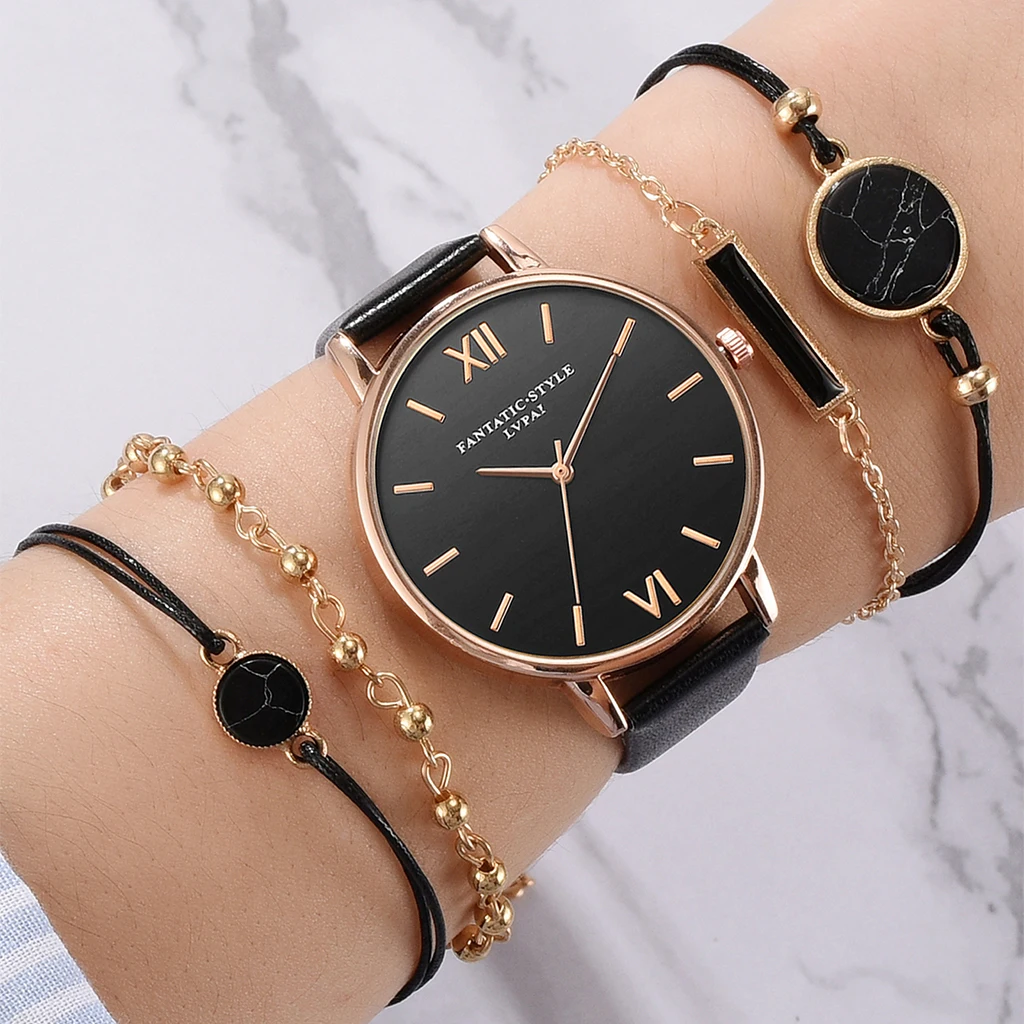 

Набор из 5 штук, Top Stil Mode frauen Luxus Leder Band, аналоговый кварц, браслет