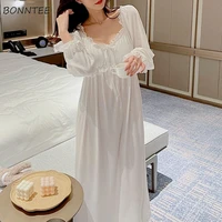 nightgowns women long sleeve tender v neck bow leisure nightclothes female princess style home sweet elegant ulzzang prevalent