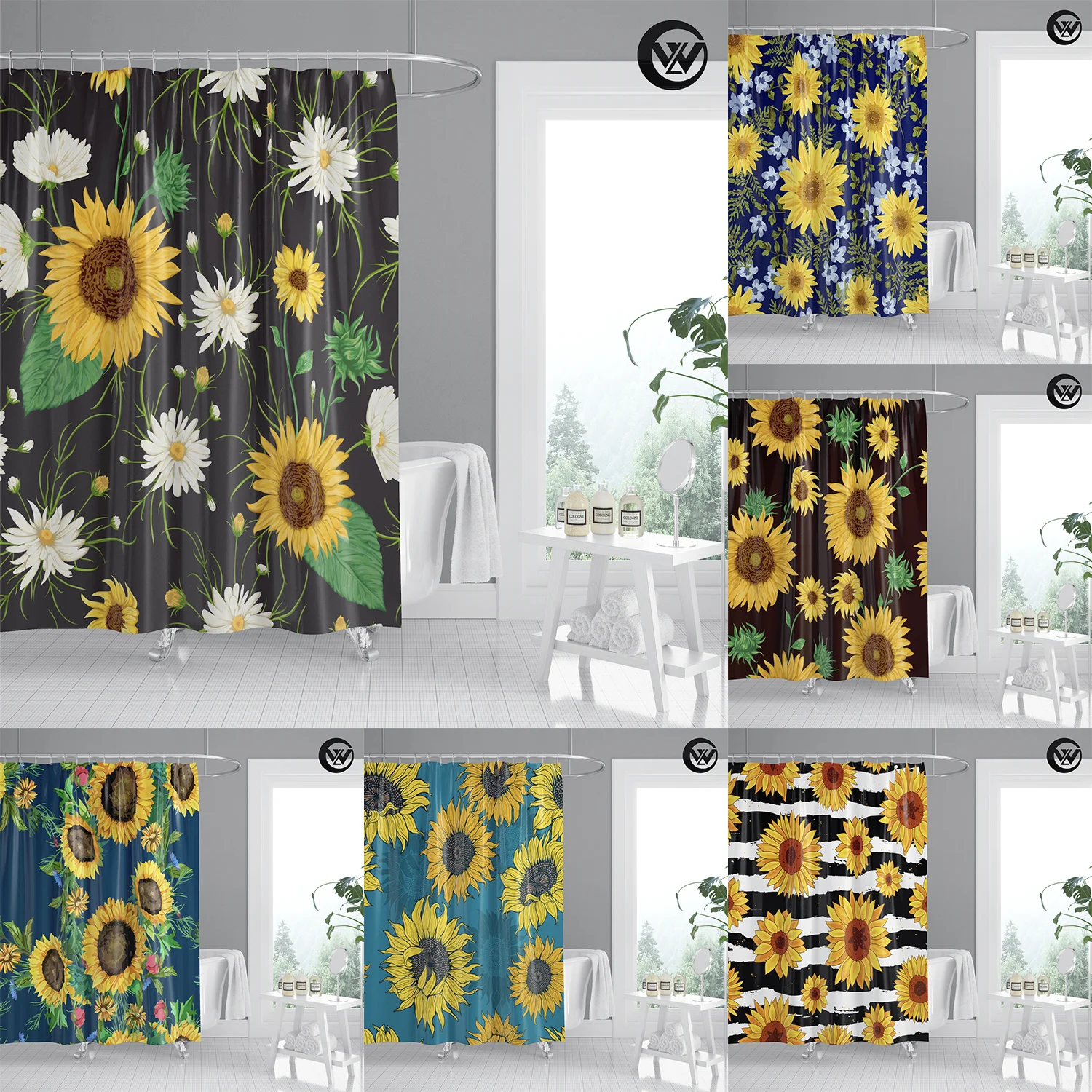 

Designers Printing Polyester Sunflower Plants Hotel Bathroom Curtain, Designers Children Black Bathtub Shower Curtain/