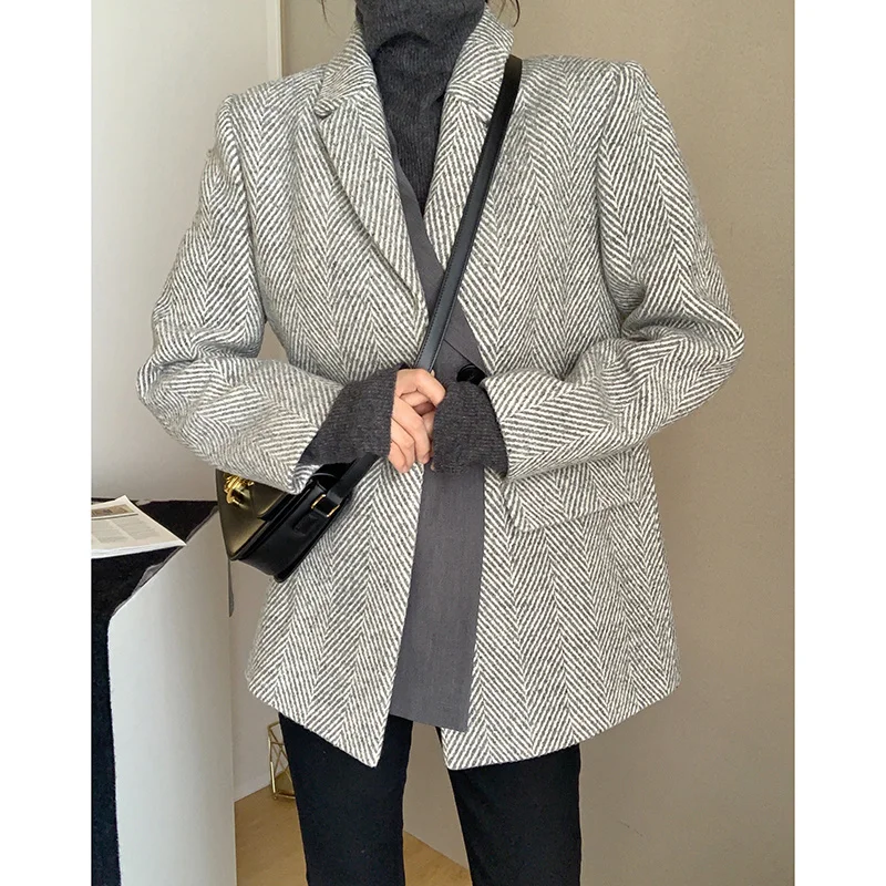 

2021Wool suit jacket women autumn and winter thick Korean version of the British style fake two new woolen jackets