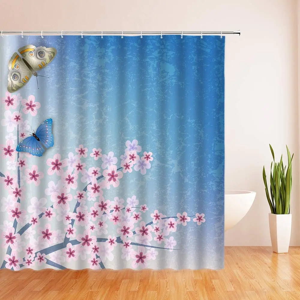 

Cherry Blossom Shower Curtain Pink Sakura Branches Monarch Butterfly Japanese Retro Flower Classic Floral Fabric Bath Curtain
