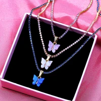 new fashion luxury bling cubic zirconia choker necklace for women multicolor acrylic butterfly pendant necklaces party jewelry