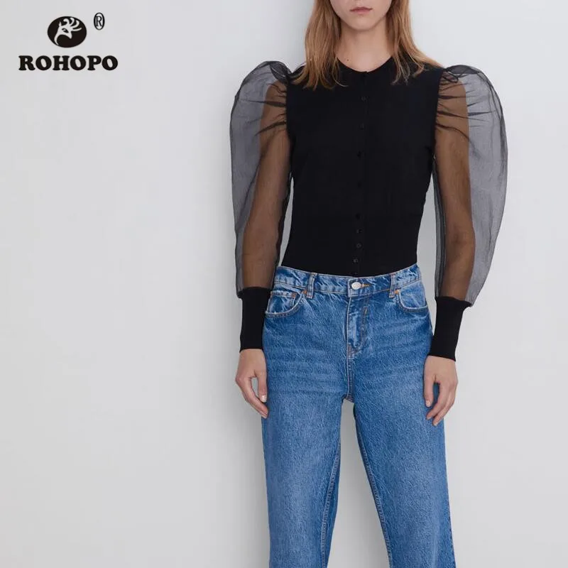 ROHOPO/Осенняя блуза из тюля с пышными рукавами цвет черный желтый однотонный топ