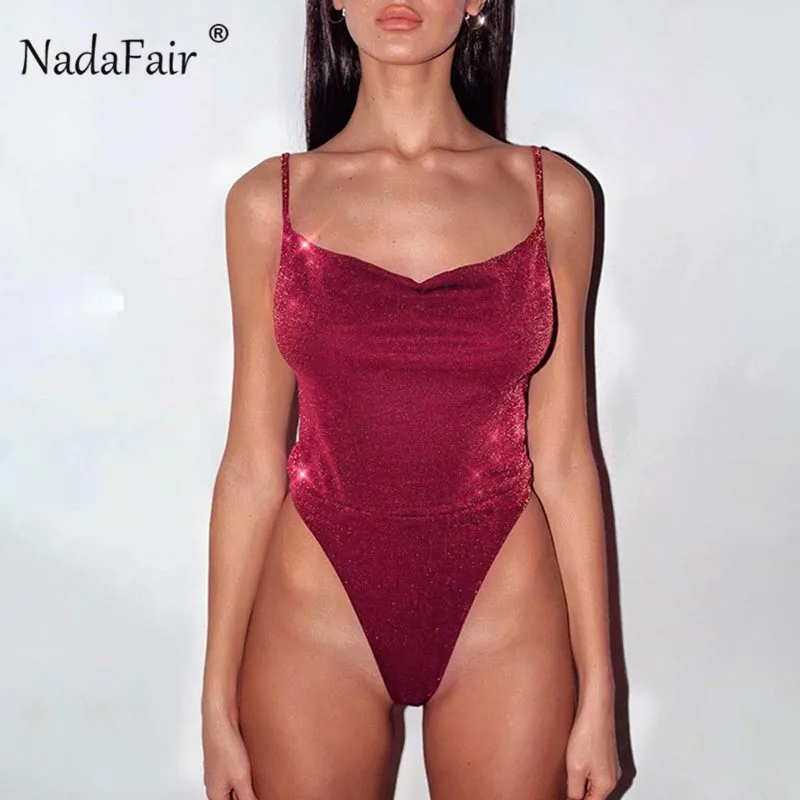 Nadafair блестящий красный сексуальный боди без рукавов однотонный летний клубный