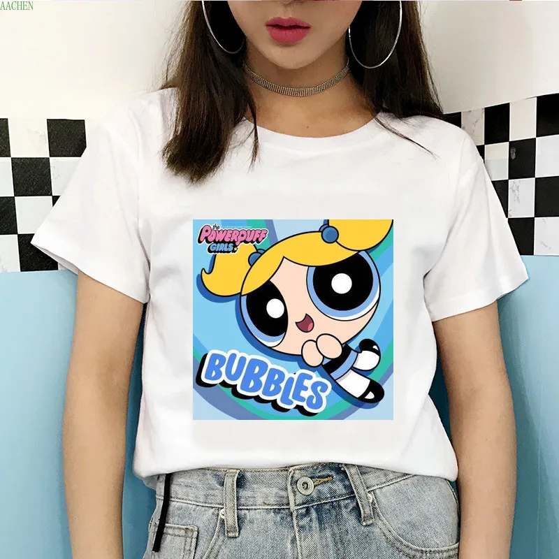 2020 новые летние Kawaii белые топы Powerpuff футболка для девочек Harajuku забавные