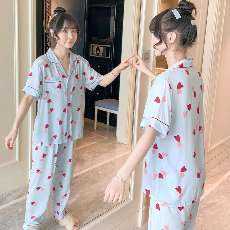 

Short-Sleeved Trousers Poplin Pajamas Women's Summer Thin Cotton Silk Home Clothing Outer Wear Japanese Cardigan Internet