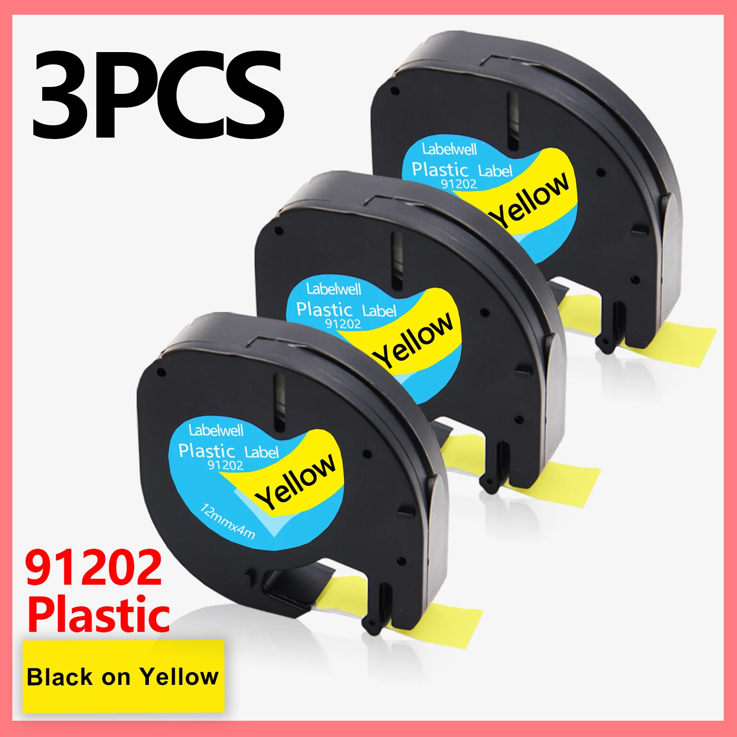 

3PK 91202 Tapes Compatible for Dymo LetraTag 91222 91332 Plastic label Tapes 12mm Black on Yellow for Dymo LT-100H Label Maker