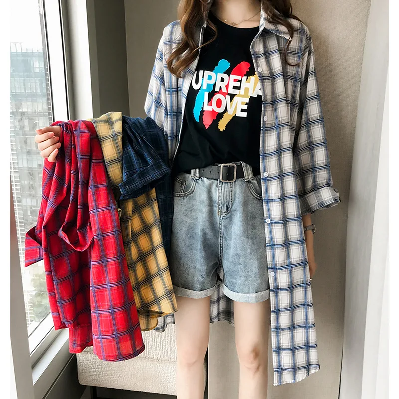 Plaid Blouse Women Long-sleeve Thin Section Sun Protection Long Skirt Blusas mujer de moda 2020 Shirt Tops Womens Plus Size