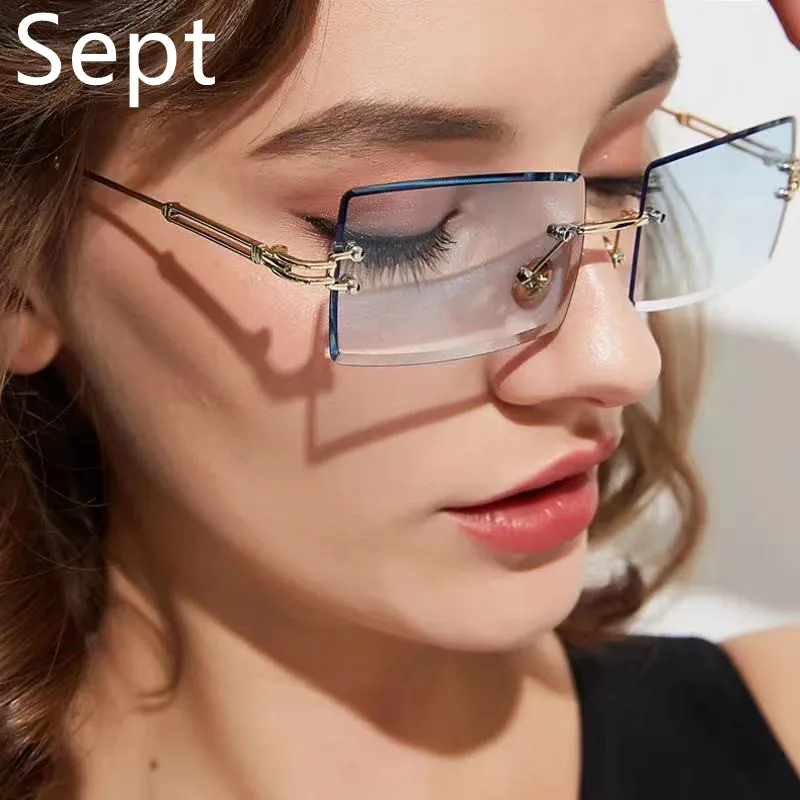 

Sept Fashion Small Rectangle Sunglasses Summer Newest Trendy Women Men Rimless Cycling Retro Sun Glasses Shades UV400