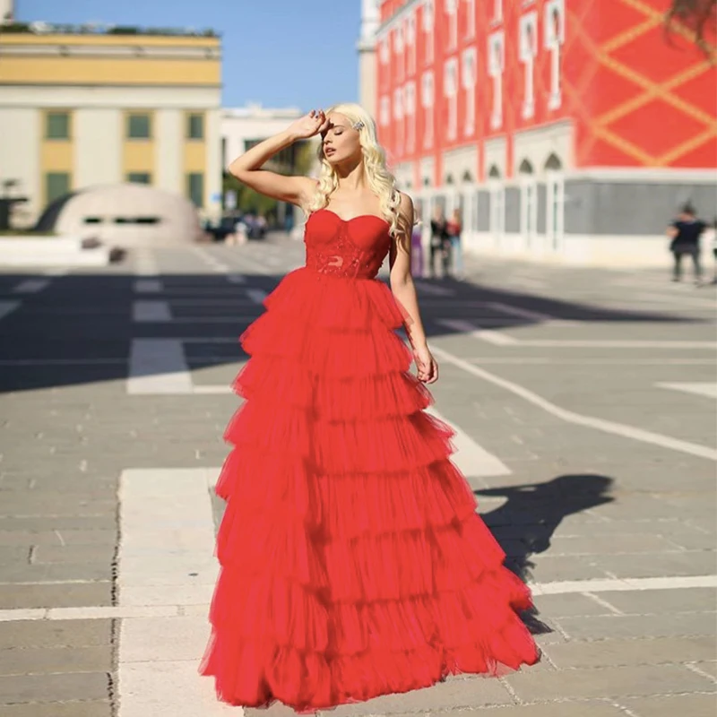 

Chic Tiered Tulle Sweetheart Evening Gowns Lace Floor Length Prom Dresses Vestido De Gala Formal Party Gown Long Maxi Dresses