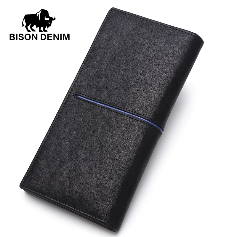 BISON DENIM luxury brand men wallets genuine leather long slim bifold wallet business male card holder purse