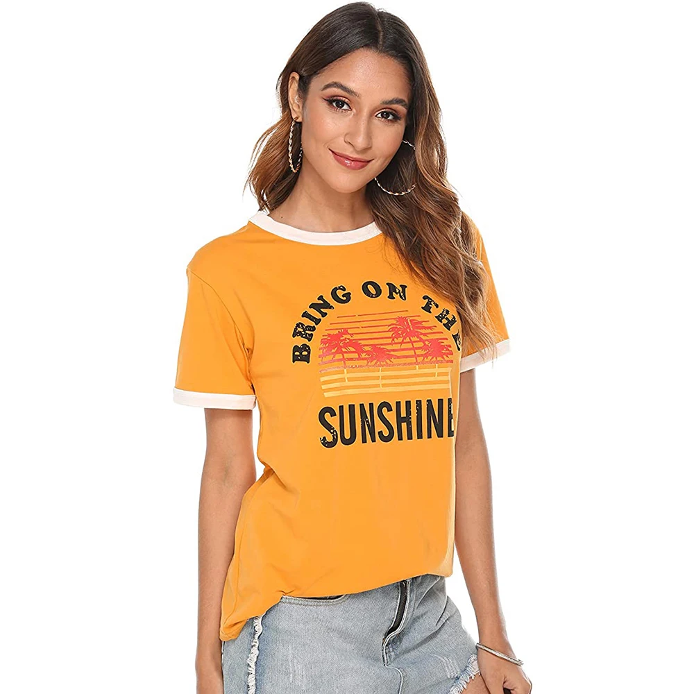 

Summer Yellow Women T-Shirt Bring On The Sunshine Letter Print Short Sleeve Top Harajuku 90s Aesthetic Clothes Korean Style Tee