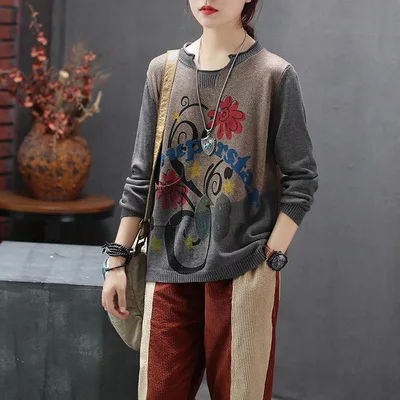 Autumn Winter Sweater Women Knitting Loose Pullovers 2019 New Female Retro Tops O-Neck Long-sleeved Print Casual | Женская одежда