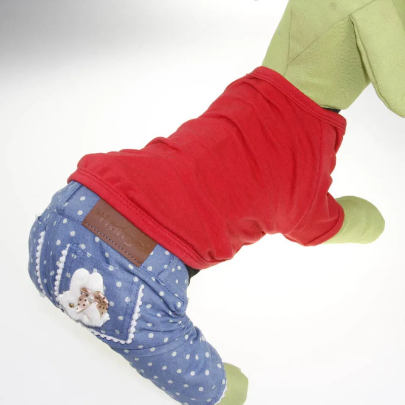 Весенне-летняя одежда для собак синие комбинезоны в горошек джинсы штаны