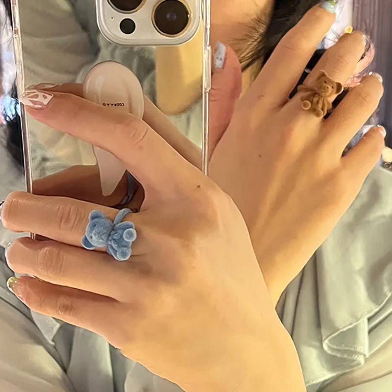 Милые флокированные кольца медведя для девочек Kawaii забавные плюшевые животные