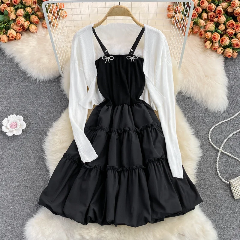 

Платье без бретелек, женское платье средней длины с бантом, а-силуэт, пушистое платье, костюм из двух частей с вязаным кардиганом и шалью для ...