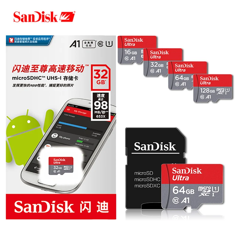 SanDisk Ultra карта памяти 16 ГБ 32 64 Гб 128 200 256 400 micro SD microSDHC microSD tf A1 с адаптером|Карты