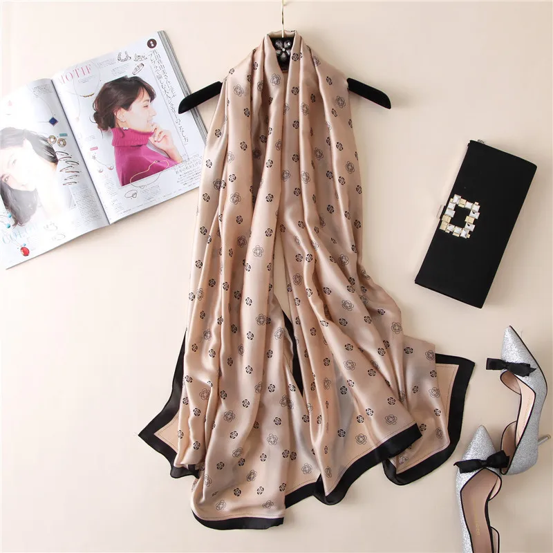 

New Cute Flower Printed Scarf 100% Pure Silk Women Pashmina Beach Sun protective Fresh Scarf Shawl Female Luxury Wraps Pashmina