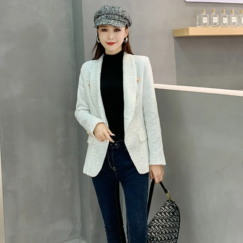 Coat autumn new style fashion double-breasted tweed temperament blazer women's sequined slim-fit jacket womens blazers | Женская