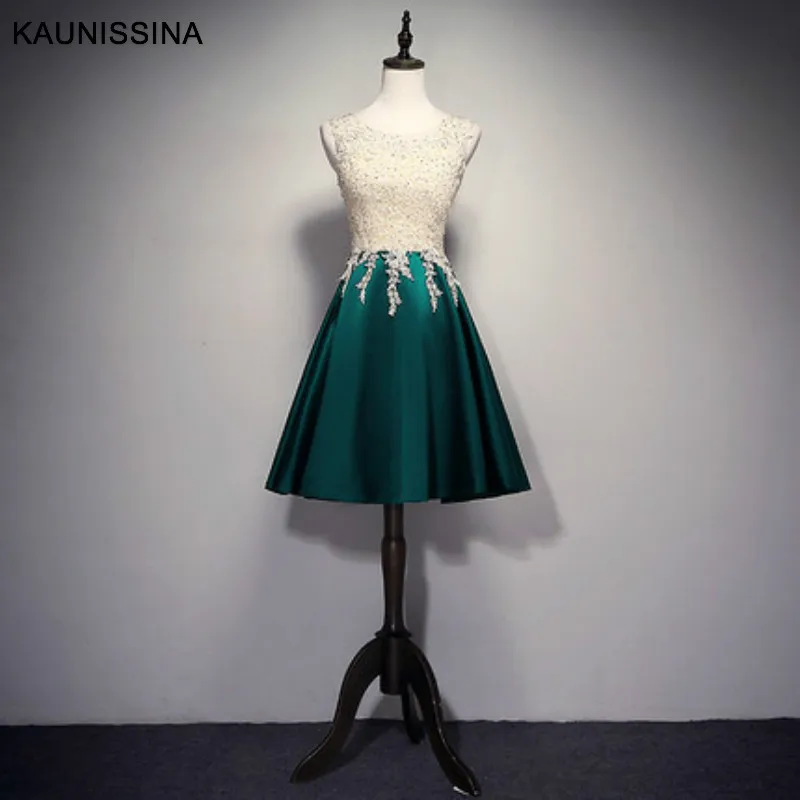 Short Green KAUNISSINA, женское вечернее платье для церемонии, длинное платье, круглый вырез, кружево, атлас, бисер, длина до пола, платье для выпускного вечера, настоящая фотография, Vestido - Цвет: Short Green
