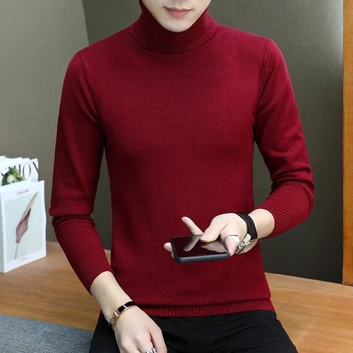 Wine red Зимний теплый свитер мужской моды Водолазка мужская эластичная сила Slim Fit Повседневный пуловер свитер вязаная одежда Pull - Цвет: Wine red