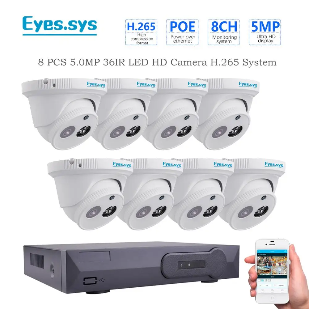 Глаза. sys H.265 8 шт. 5.0MP 2560*1920P IR уличная IP Ночное видение массив Камера CCTV POE HDMI NVR P2P