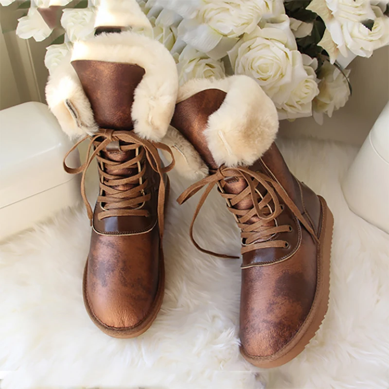 Online Keluaran Baru 2021 Sepatu Salju Tinggi Kulit Domba Asli Bulu Asli 100% Wol Wanita Musim Dingin Renda Sepatu Bot Salju Merek Baru Dropshipping