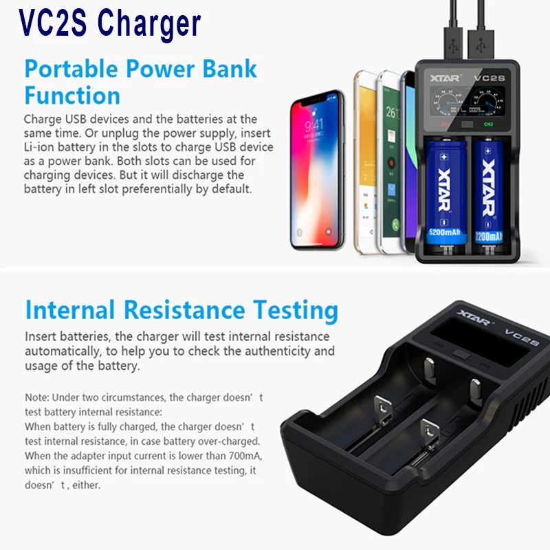 drop shipping xtar vc2s lcd battery charger 18650 power bank resistance detection usb charger for 3 6v li ion battery 1 2v aa free global shipping