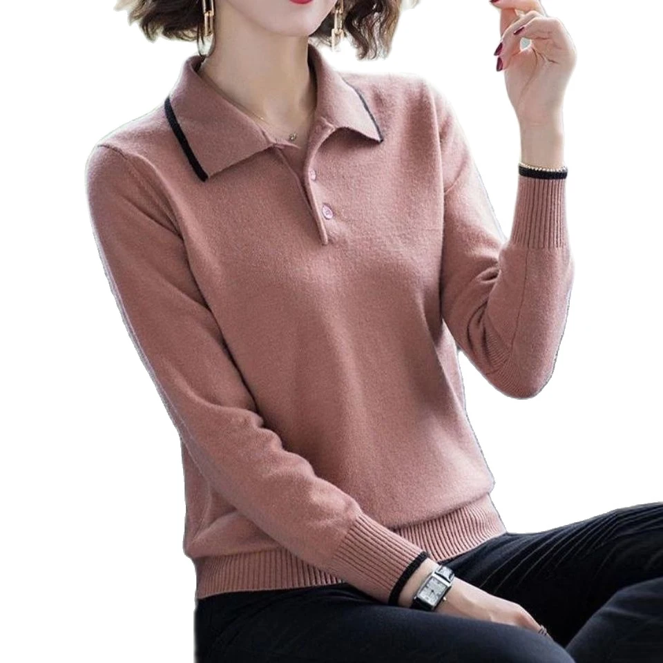 

Elegant Women's Sweater Autumn Winter Lapel Button Up Long Sleeve Slim Pullover Tops 2023 New Casual Office Lady Knitted Jumpers