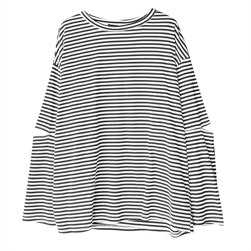 

[EAM] Women Black Striped Hollow Out Big Size Casual T-shirt New Round Neck Long Sleeve Fashion Tide Spring Autumn 2021 1DD7622