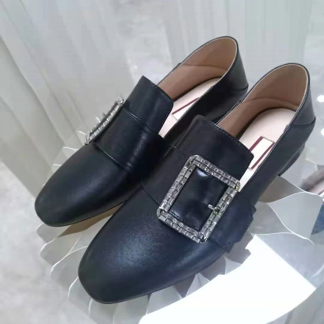 

Spring and Summer New Crystal Square Buckle Flat Loafers Female British Style Leather Round-toe Pumps Shoes