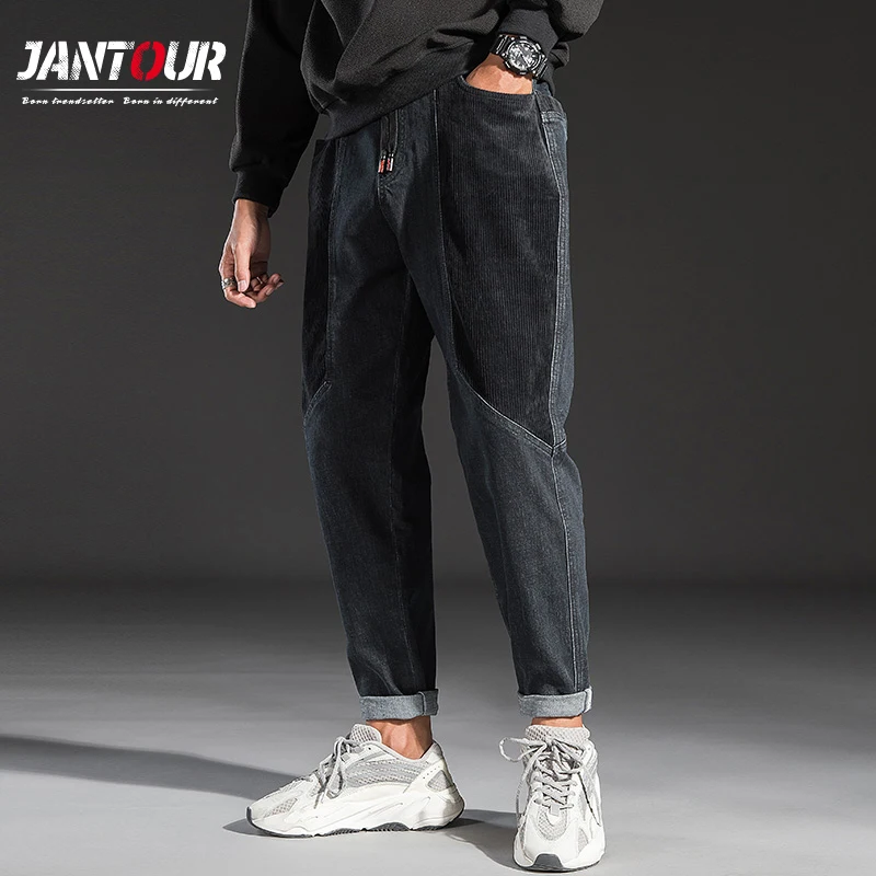 

2092- Winter Jeans Men Fashion Letter Appliques Drawstring Harem Pants Casual Regular Long Pants Pantalones De Hombre Man 38