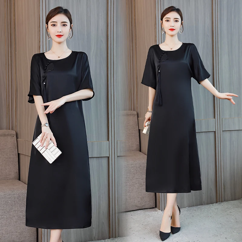 AYUNSUE Women Summer Silk Dress Female Long Plus Size Elegant Purple Party Casual Dresses Black Vestido 2020 196078 KJ3967 | Женская