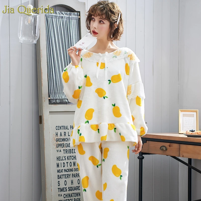 Женские Фланелевые пижамы с рукавами-фонариками и бантом на воротнике принтом