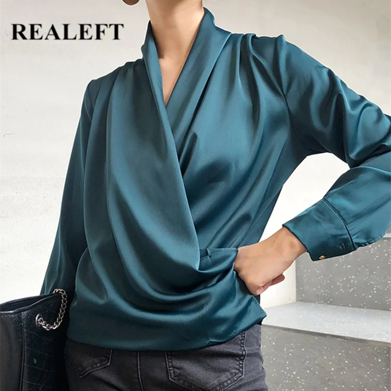 

REALEFT New 2020 Autumn Chic Stain Blouse Long Sleeve Cross V-Neck Office Lady Shirts Elegant Workwear Female Loose Blouse