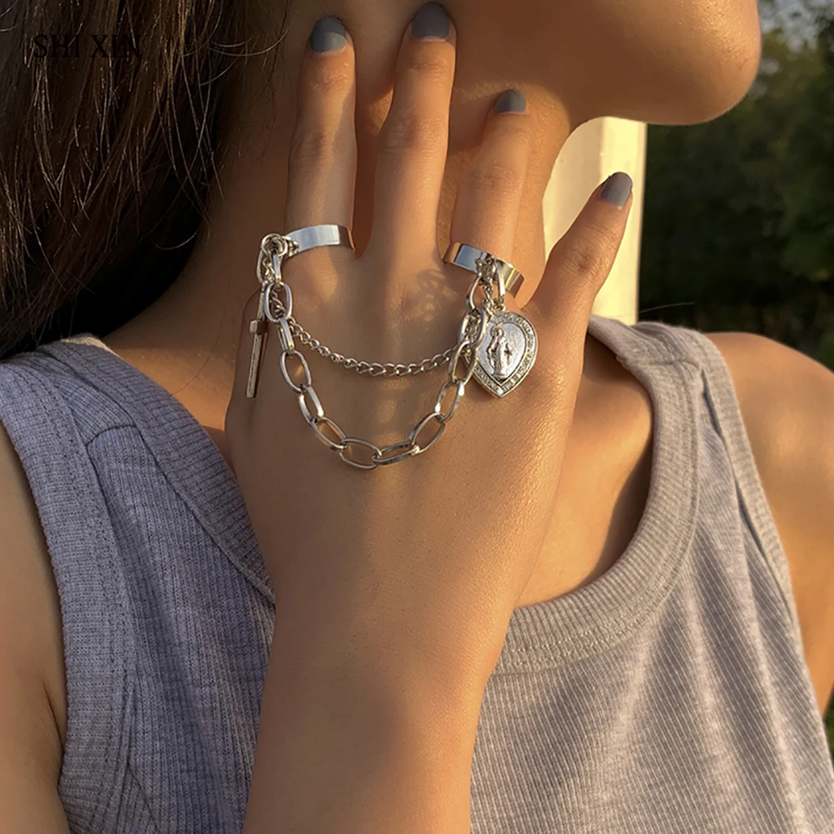 

SHIXIN Gothic Cross Jesus Rings for Women/Men Trendy Stackable Knuckle Adjustable Fashion Heart Pendant Rings Jewelry 2021 Gifts