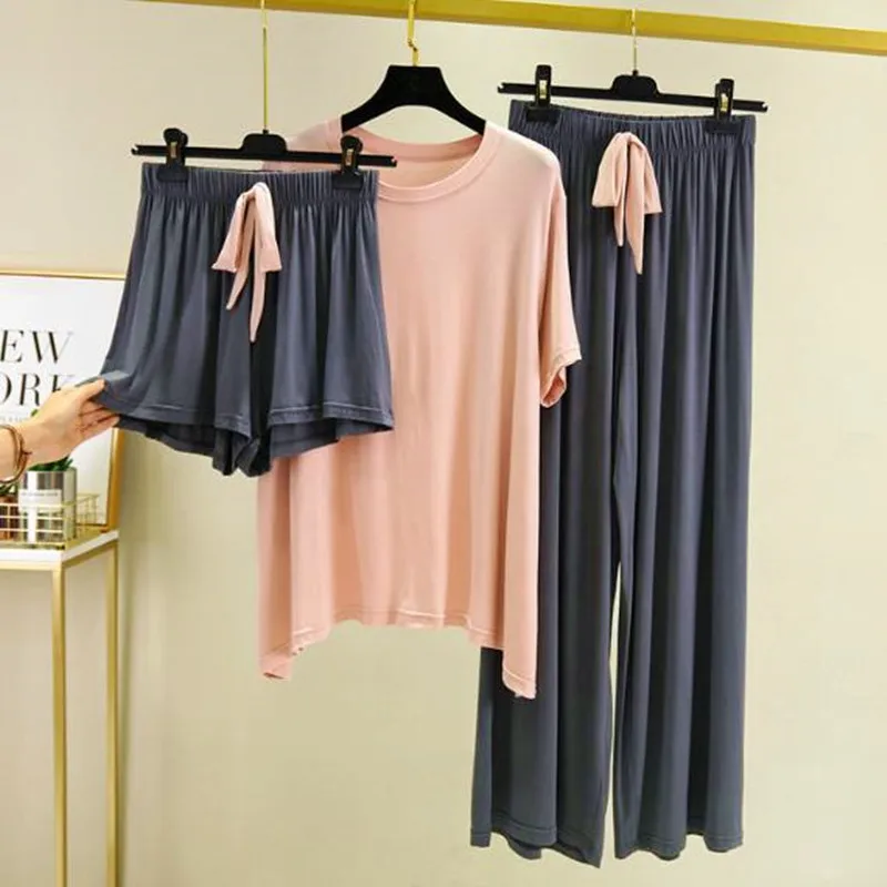 

3 Piece set new spring summer pajamas for women casual modal cotton sleepwear pijamas set loose large size ladies pyjamas suit