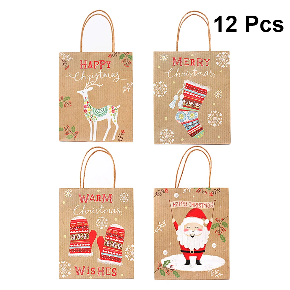 

12PCS 23 x 18 x 10cm Christmas Gift Bags Kraft Paper Portable Tote Bags for Party Favors Candies Chocolate Biscuits (Random Patt