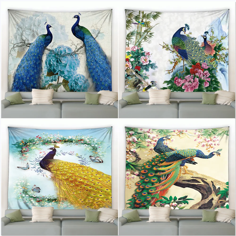 

Peacocks Tapestry Flowers Animals Landscape Chinese Style Background Wall Hanging Tapestries Retro Bedroom Decor Large Blanket