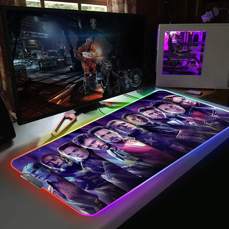 RGB Mouse Pad Marvell Anime Mouse Computer Gamer Desk Rubber Mat LED Light Gamer Accessories Cheap Gaming Laptop For Office Rug