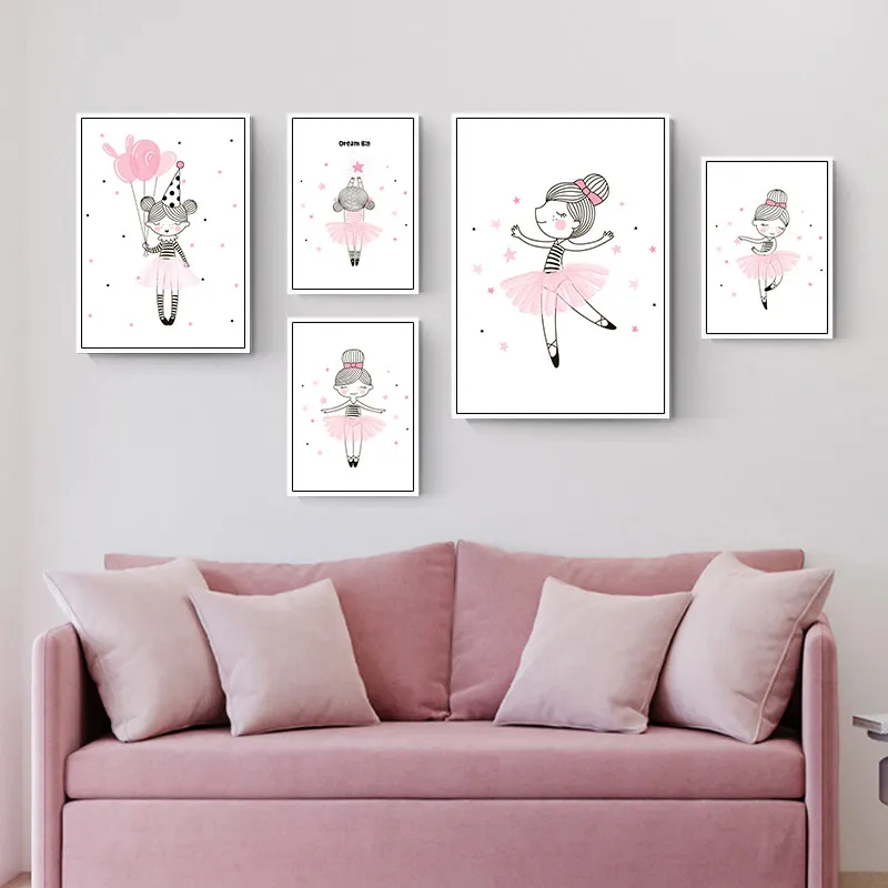 Детская комната акварельные розовые постеры принцессы и принты балетная девушка