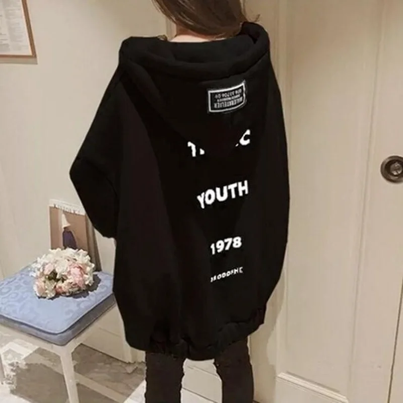 

Hoodies Women Letter Printed Loose Hooded Thicker Warm Sweatshirts Students Plus Velvet Long Sleeve Zip-up Womens All-match Chic