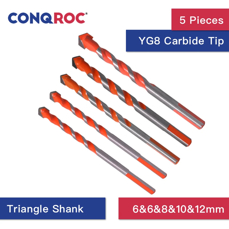 

5 Pieces Multi Construction Drill Bits Set YG8 Alloy Tips Twist Drill Bits for Glass Ceramic Tile Drilling 6mm 6mm 8mm 10mm 12mm