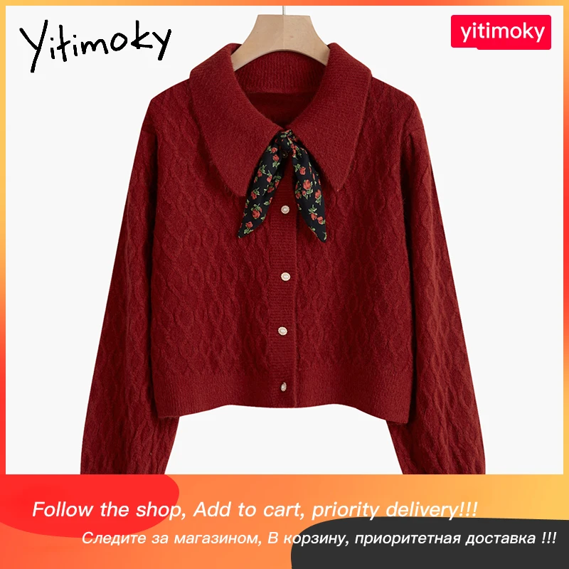 

Женский укороченный свитер Yitimoky, кардиган с бантом и отложным воротником, вязаная одежда, осень-зима 2021, модный красный однобортный Топ