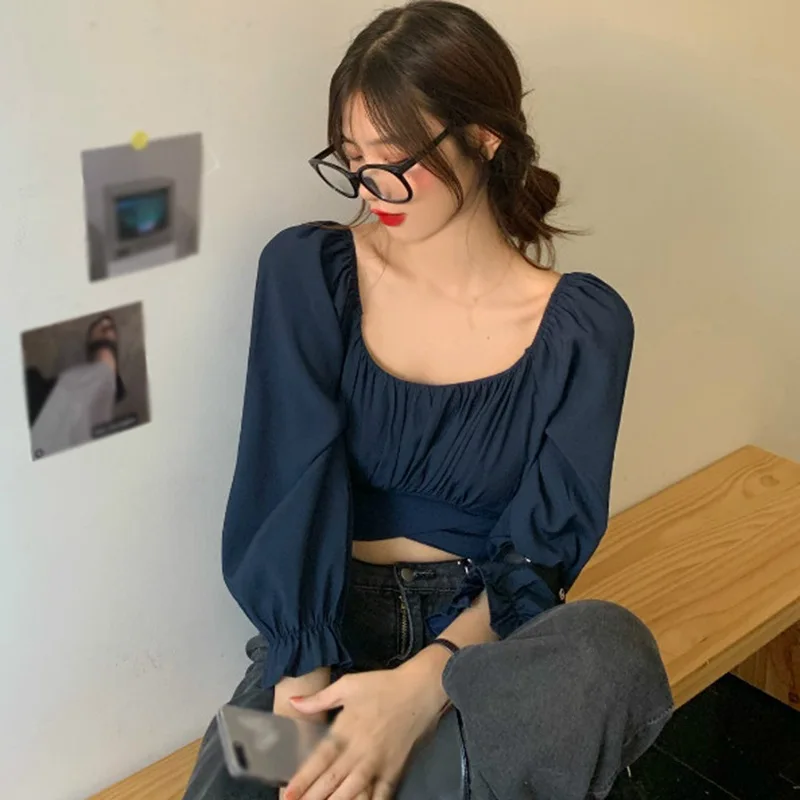 

Summer Women Casual Chiffon Blouses Short Style Top Women Solid Square Collar Exposed Navel Long Sleeve Shirt Vestido De Mujer